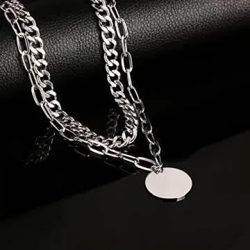 LANE WOODS Silver Layered Chain Necklace for Women: 14K Chunky Gold Necklaces Plated Double Adjustable Paperclip Cuban Link Simple Disc Coin Pendant Choker - Dainty Fashion Party Jewelry Gift for Women (silver)