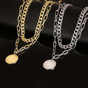 LANE WOODS Silver Layered Chain Necklace for Women: 14K Chunky Gold Necklaces Plated Double Adjustable Paperclip Cuban Link Simple Disc Coin Pendant Choker - Dainty Fashion Party Jewelry Gift for Women (silver)