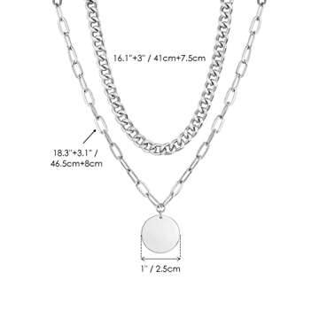 LANE WOODS Silver Layered Chain Necklace for Women: 14K Chunky Gold Necklaces Plated Double Adjustable Paperclip Cuban Link Simple Disc Coin Pendant Choker - Dainty Fashion Party Jewelry Gift for Women (silver)