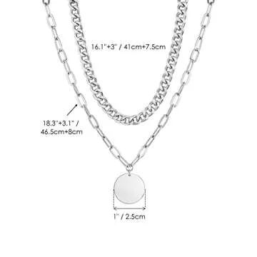 LANE WOODS Silver Layered Chain Necklace for Women: 14K Chunky Gold Necklaces Plated Double Adjustable Paperclip Cuban Link Simple Disc Coin Pendant Choker - Dainty Fashion Party Jewelry Gift for Women (silver)