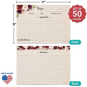 Elegant Floral Jumbo Recipe Cards (5x7) - Set of 50 - Double-Sided for All Occasions