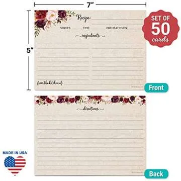 Elegant Floral Jumbo Recipe Cards (5x7) - Set of 50 - Double-Sided for All Occasions