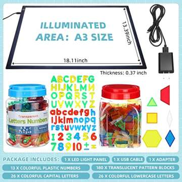 Kanayu Adjustable Brightness LED Light Panel with Translucent Pattern Blocks Colorful Letters and Nu...