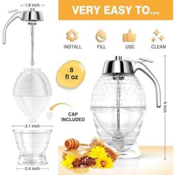 Honey Dispenser No Drip Glass, Maple Syrup Dispenser, Honey Jar with Stand, 8 oz Beautiful Honey Com...