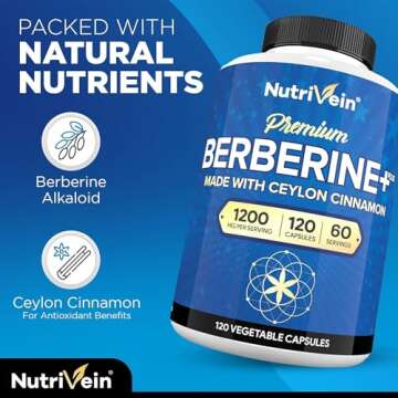 Nutrivein Premium Berberine HCL 1200mg Plus Organic Ceylon Cinnamon - 120 Capsules - Supports Immune System, Weight Management - Berberine HCI Supplement