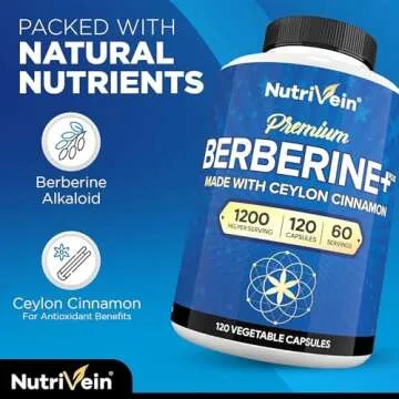 Nutrivein Premium Berberine HCL 1200mg Plus Organic Ceylon Cinnamon - 120 Capsules - Supports Immune System, Weight Management - Berberine HCI Supplement