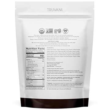 Truvani Protein + Energy Drink Mix with 87mg Caffeine | Chocolate Mocha | 12g Organic Plant Based Pr...
