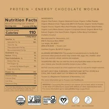 Truvani Protein + Energy Drink Mix with 87mg Caffeine | Chocolate Mocha | 12g Organic Plant Based Protein | 20 Servings | USDA Organic Coffee Powder & Adaptogens | Gluten & Dairy Free | Vegan