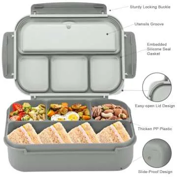 Bento Box Adult Lunch Box, Lunch Containers for Kids Girls Boys with 4 Compartments, Lunchable Food Container with Utensils, Sauce Jar, Muffin Liners, 40 Oz/5 Cup, Microwave & Dishwasher Safe, Gray