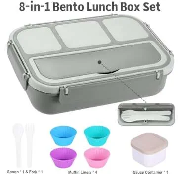 Bento Box Adult Lunch Box, Lunch Containers for Kids Girls Boys with 4 Compartments, Lunchable Food Container with Utensils, Sauce Jar, Muffin Liners, 40 Oz/5 Cup, Microwave & Dishwasher Safe, Gray