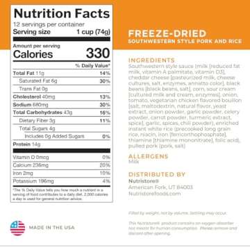 Nutristore Freeze-Dried Southwestern Style Pork and Rice | Emergency Survival Bulk Food Storage Meal | Perfect for Everyday Meals and Long-Term Storage | 25 Year Shelf Life | USDA Inspected (1-Pack)