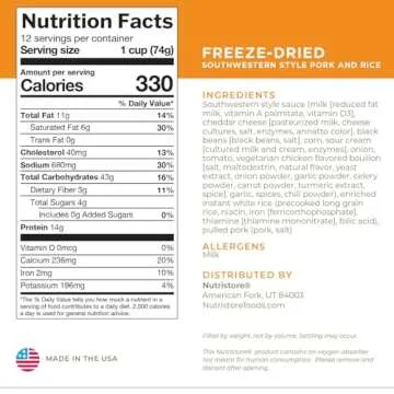 Nutristore Freeze-Dried Southwestern Style Pork and Rice | Emergency Survival Bulk Food Storage Meal | Perfect for Everyday Meals and Long-Term Storage | 25 Year Shelf Life | USDA Inspected (1-Pack)