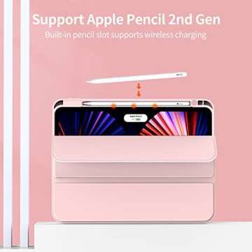 Kenke iPad Pro 11 Inch Case 4th/3rd/2nd Generation 2022/2021/2020 Magnetic Attachment 2nd Pencil with Right Side Pencil Holder Soft Slim PU Cover Auto Wake/Sleep (Pink)
