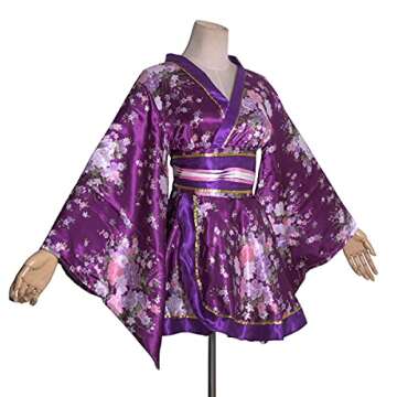 HUAHUA Womens Sexy Short Kimono Dress Floral Print Japanese Traditional Geisha Yukata Robe Bathrobe Skirt Belt Outfit (D02-Purple, One Size)