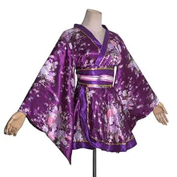 HUAHUA Womens Sexy Short Kimono Dress Floral Print Japanese Traditional Geisha Yukata Robe Bathrobe Skirt Belt Outfit (D02-Purple, One Size)