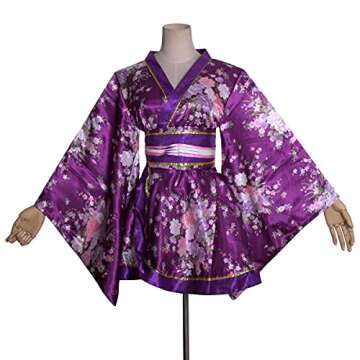 HUAHUA Womens Sexy Short Kimono Dress Floral Print Japanese Traditional Geisha Yukata Robe Bathrobe Skirt Belt Outfit (D02-Purple, One Size)