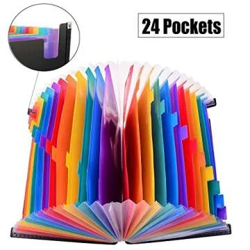 JUJUISM Expanding Files Folder 24 Pockets Rainbow A4 Stand Accordion Document Coupon Bill Organizer Portable Plastic Multicolor Business Office Filing Box with Cut-Resistant Cloth Edge Wrap