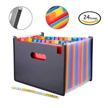 JUJUISM Expanding Files Folder 24 Pockets Rainbow A4 Stand Accordion Document Coupon Bill Organizer Portable Plastic Multicolor Business Office Filing Box with Cut-Resistant Cloth Edge Wrap