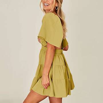 Shy Velvet Women's Summer Dress Square Neck Short Sleeves Crossover Waist Casual Party Mini Dress