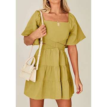 Shy Velvet Women's Summer Dress Square Neck Short Sleeves Crossover Waist Casual Party Mini Dress