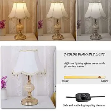 PURESILKS Classical Tiffany European Style Table Lamp Fabric Drum Shade and Gold Base American Decor Classic Bedside Desk Nightstand Lamp for Bedroom Living Room