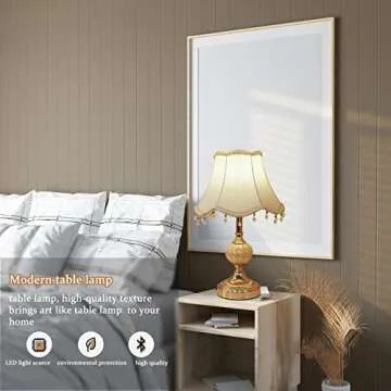 PURESILKS Classical Tiffany European Style Table Lamp Fabric Drum Shade and Gold Base American Decor Classic Bedside Desk Nightstand Lamp for Bedroom Living Room