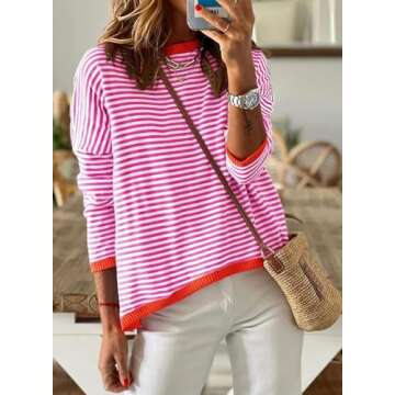 Dokotoo Tops for Women Trendy 2025 Spring Round Neck Long Sleeve Cute Pink Fashion Color Block Top S...