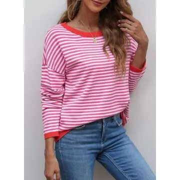 Dokotoo Tops for Women Trendy 2025 Spring Round Neck Long Sleeve Cute Pink Fashion Color Block Top Striped Pullover Sweaters for Women Valentines Shirts Outfits X-Large