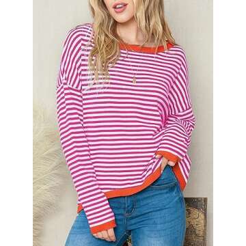 Dokotoo Tops for Women Trendy 2025 Spring Round Neck Long Sleeve Cute Pink Fashion Color Block Top Striped Pullover Sweaters for Women Valentines Shirts Outfits X-Large