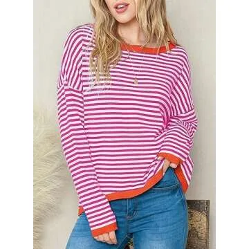 Dokotoo Tops for Women Trendy 2025 Spring Round Neck Long Sleeve Cute Pink Fashion Color Block Top Striped Pullover Sweaters for Women Valentines Shirts Outfits X-Large