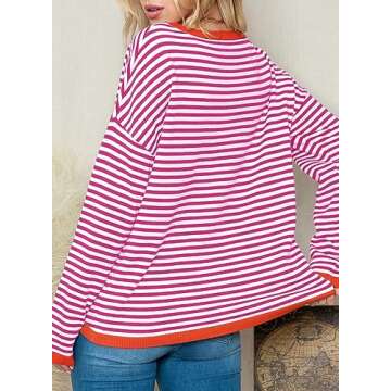 Dokotoo Tops for Women Trendy 2025 Spring Round Neck Long Sleeve Cute Pink Fashion Color Block Top Striped Pullover Sweaters for Women Valentines Shirts Outfits X-Large