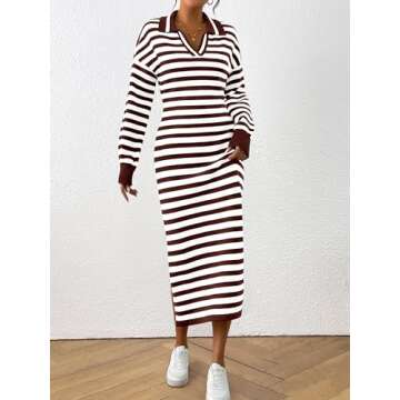 MASCOMODA Womens Fall Dresses 2024 Striped Sweater Dress Casual Long Sleeve V Neck Collared Loose Si...