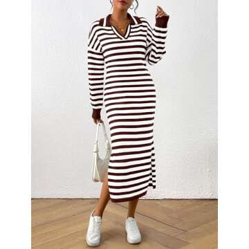 MASCOMODA Womens Fall Dresses 2024 Striped Sweater Dress Casual Long Sleeve V Neck Collared Loose Side Slit Knit Midi Dress(Coffee,X-Large)