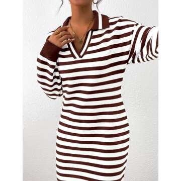 MASCOMODA Womens Fall Dresses 2024 Striped Sweater Dress Casual Long Sleeve V Neck Collared Loose Side Slit Knit Midi Dress(Coffee,X-Large)
