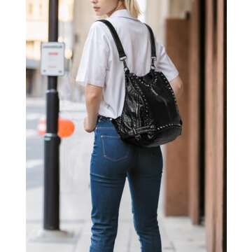 UTO Women Backpack Purse PU Washed Leather Rivet Studded Convertible Ladies Rucksack Shoulder Bag Bl...