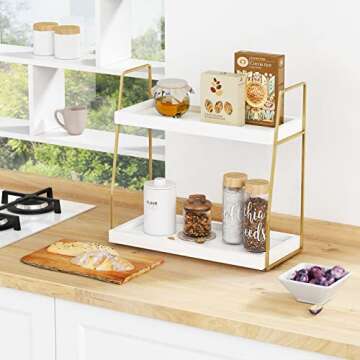 Forbena Bathroom Organizer Countertop, Counter Organizer for Bathroom Decor, Wooden Sink Organizer Shelf for Vanity Storage, Organizer Tray for Makeup Bedroom Corner (2 Tier, White and Gold)