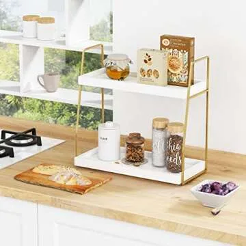 Forbena Bathroom Organizer Countertop, Counter Organizer for Bathroom Decor, Wooden Sink Organizer Shelf for Vanity Storage, Organizer Tray for Makeup Bedroom Corner (2 Tier, White and Gold)