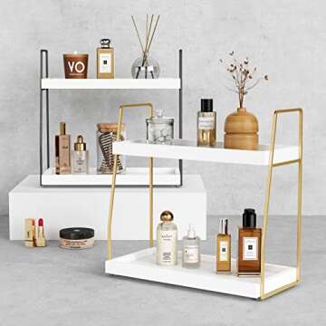 Forbena Bathroom Organizer Countertop, Counter Organizer for Bathroom Decor, Wooden Sink Organizer Shelf for Vanity Storage, Organizer Tray for Makeup Bedroom Corner (2 Tier, White and Gold)