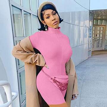 HODMEXI Women Embroidery Zipper High Neck Long Sleeve Bodycon Jumpsuit Shorts Rompers Party Clubwear...