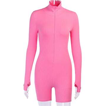 HODMEXI Women Embroidery Zipper High Neck Long Sleeve Bodycon Jumpsuit Shorts Rompers Party Clubwear Outfits Bodysuit (Pink, S)