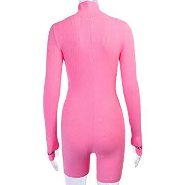 HODMEXI Women Embroidery Zipper High Neck Long Sleeve Bodycon Jumpsuit Shorts Rompers Party Clubwear Outfits Bodysuit (Pink, S)