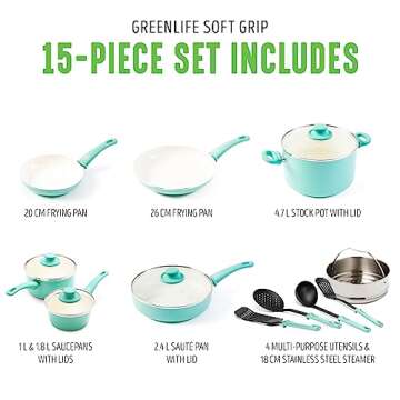 GreenLife Soft Grip Healthy Ceramic Nonstick, 15 Piece Cookware Pots and Pans Set, Induction, PFAS-Free, Dishwasher Safe, Turquoise
