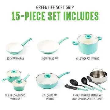 GreenLife Soft Grip Healthy Ceramic Nonstick, 15 Piece Cookware Pots and Pans Set, Induction, PFAS-Free, Dishwasher Safe, Turquoise