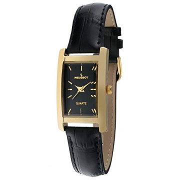 Peugeot Women's Classic 14Kt Gold Plated Watch, Rectangular Tank Shape Case with Leather Band and Ea...