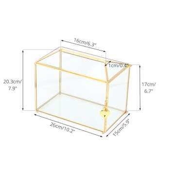 NCYP 10.2" x 5.9" x 7.9" Small Glass Cards Box with Slot and Lock for Wedding Reception - Birthdays Party Card Holder, Home Geometric Decorative, Clear Gold Terrarium (Glass Box Only)