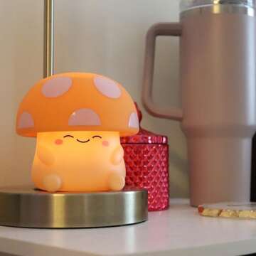 MUSHI Ambient Mushroom Night Light, Cute Silicone Squishy Light Up Mushroom Lamp, Tap-Sensitive 3 Level Dimmable Nightlight, Battery-Powered Bedside Touch Lamp for Kids Bedroom Baby Nursery Decor Gift