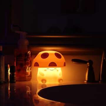 MUSHI Ambient Mushroom Night Light, Cute Silicone Squishy Light Up Mushroom Lamp, Tap-Sensitive 3 Level Dimmable Nightlight, Battery-Powered Bedside Touch Lamp for Kids Bedroom Baby Nursery Decor Gift