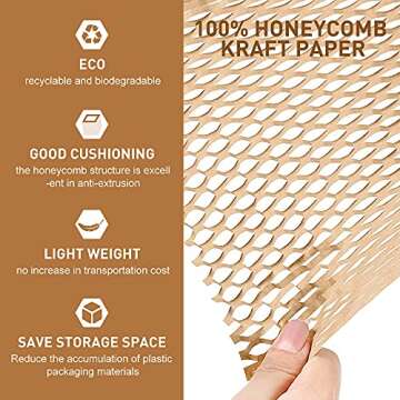 Packaging Paper Honeycomb Cushioning Wrap Paper Rolls 15"x98' Eco-Friendly Kraft Packaging Paper for Gift Moving Packing