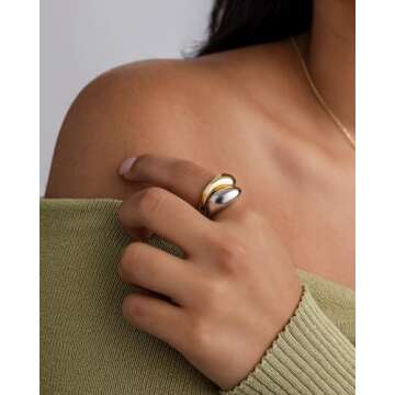 PAVOI 14K Gold Plated Mixed Metal Chunky Two Tone Wavy Dome Ring Pack for Women | Statement Ring Set | Size 7