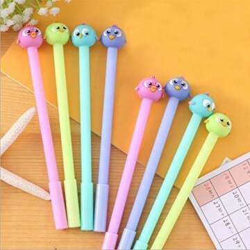 Gydthdeix 12 Pcs 0.38mm Colorful Cute Kawaii Adorable Bird Animal Cartoon Plastic Silicone Black Ballpoint Writing Gel Ink Pens for Office School Children Kid Gift Stationery Supplies Set